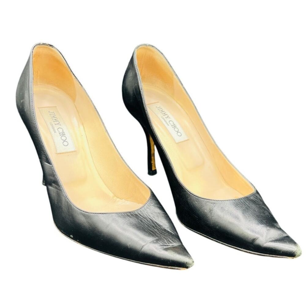 ✨ Jimmy Choo Black Leather Pointed Toe Stiletto Pumps 3.5" Heel EU 38.5 - Picture 1 of 5